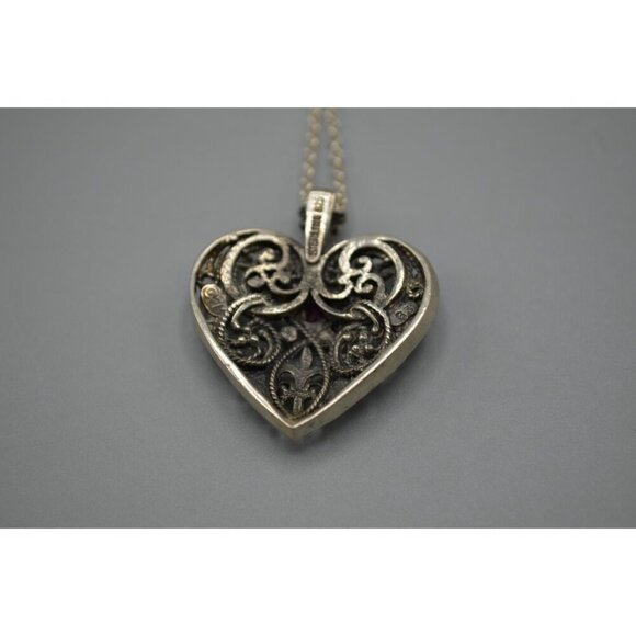 Sterling Silver Heart Pendant w Ruby Stone FM 83 Franklin Mint Filigree 925 - Picture 10 of 11